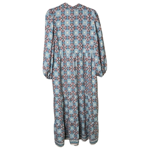 MAX STUDIO Crepe Tiered Maxi Dress Teal / Brick Print Side Pockets 3/4 Sleeves L - Picture 4 of 10